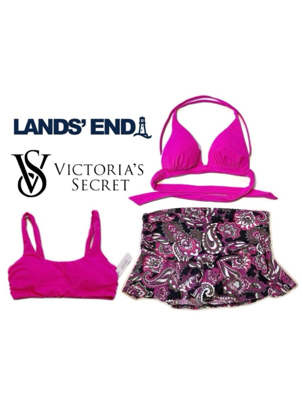 Bikini Swim Set Victoria's Secret Pink Tops and Lands End Paisley Swim Skirt